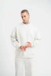 ERKEK 3 İplik Pamuklu Bisiklet Yaka Yıkamalı SweatShirt - Beyaz