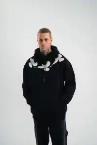 Erkek 3 İplik Pamuklu Kapüşonlu Baskılı Cepli Oversize Sweatshirt Hoodie - Siyah
