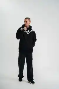 Erkek 3 İplik Pamuklu Kapüşonlu Baskılı Cepli Oversize Sweatshirt Hoodie - Siyah
