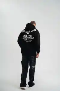 Erkek 3 İplik Pamuklu Kapüşonlu Baskılı Cepli Oversize Sweatshirt Hoodie - Siyah