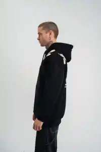 Erkek 3 İplik Pamuklu Kapüşonlu Baskılı Cepli Oversize Sweatshirt Hoodie - Siyah