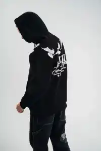 Erkek 3 İplik Pamuklu Kapüşonlu Baskılı Cepli Oversize Sweatshirt Hoodie - Siyah