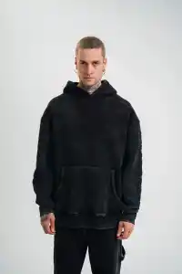 ERKEK 3 iplik Pamuklu Kapüşonlu Yıkamalı Nakışlı Hoodie SweatShirt - Siyah