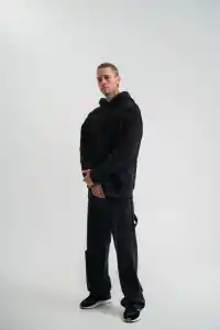 ERKEK 3 iplik Pamuklu Kapüşonlu Yıkamalı Nakışlı Hoodie SweatShirt - Siyah