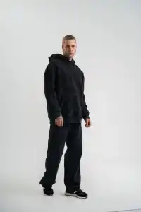 ERKEK 3 iplik Pamuklu Kapüşonlu Yıkamalı Nakışlı Hoodie SweatShirt - Siyah