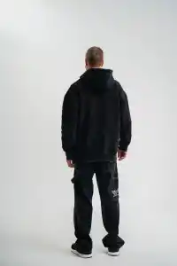 ERKEK 3 iplik Pamuklu Kapüşonlu Yıkamalı Nakışlı Hoodie SweatShirt - Siyah