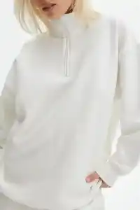 Kadın 3 İplik Pamuklu Oversize Yarım Fermuarlı Yakalı Basic Sweatshirt - Beyaz