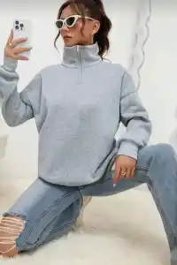 Kadın 3 iplik Pamuklu Uzun Kol Yarım Farmuarlı Yakalı  SweatShirt - Gri