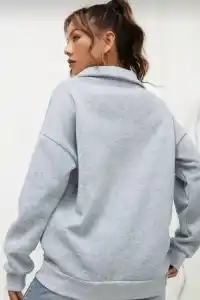 Kadın 3 iplik Pamuklu Uzun Kol Yarım Farmuarlı Yakalı  SweatShirt - Gri