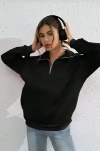 Kadın 3 iplik Pamuklu Uzun Kol Yarım Farmuarlı Yakalı SweatShirt - Siyah