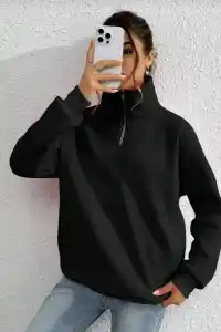 Kadın 3 iplik Pamuklu Uzun Kol Yarım Farmuarlı Yakalı SweatShirt - Siyah