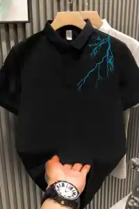 Erkek Polo Yaka Tişört Düğmeli Yıldırım Baskılı Pike T-Shirt - Siyah