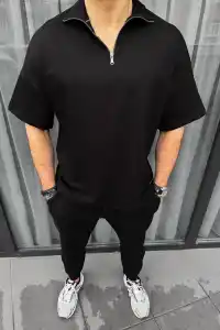 Erkek Yarım Fermuarlı Kısa kol T-Shirt - Siyah