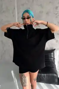 Kadın Yarım Fermuarlı Tişört Kısa kol T-Shirt - Siyah