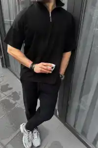 Erkek Yarım Fermuarlı Kısa kol T-Shirt - Siyah