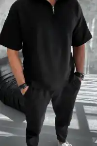 Erkek Yarım Fermuarlı Kısa kol T-Shirt - Siyah