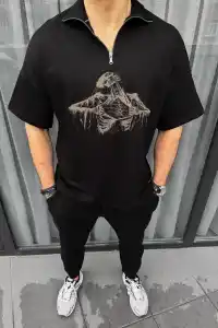 Erkek Yarım Fermuarlı Baskılı Oversize T-Shirt - Siyah