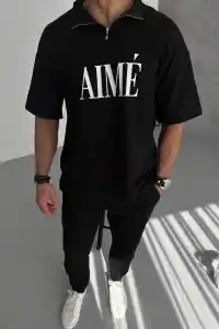 ERKEK Tişört Yakalı Yarım Fermuarlı  Kısa Kol Baskılı T-Shirt - Siyah