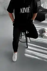 ERKEK Tişört Yakalı Yarım Fermuarlı  Kısa Kol Baskılı T-Shirt - Siyah