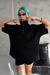 Kadın Yarım Fermuarlı Tişört Düz Oversize T-Shirt - Siyah
