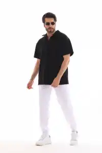 Erkek Yarım Fermuarlı Düz Oversize T-shirt - Siyah