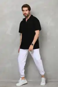 Erkek Yarım Fermuarlı Düz Oversize T-shirt - Siyah