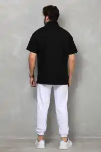 Erkek Yarım Fermuarlı Düz Oversize T-shirt - Siyah