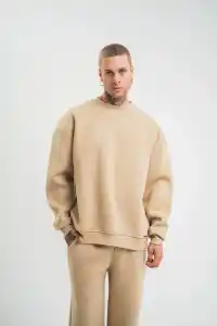 Erkek Uzun Kol Bisiklet Yaka 3 iplik Pamuklu Kışlık SweatShirt  - Bej