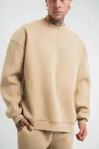 Erkek Uzun Kol Bisiklet Yaka 3 iplik Pamuklu Kışlık SweatShirt  - Bej