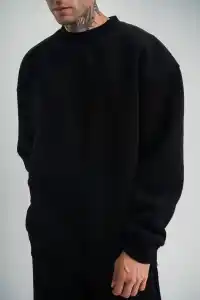 Erkek Uzun Kol Bisiklet Yaka 3 iplik Pamuklu Kışlık SweatShirt - Siyah