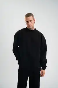 Erkek Uzun Kol Bisiklet Yaka 3 iplik Pamuklu Kışlık SweatShirt - Siyah