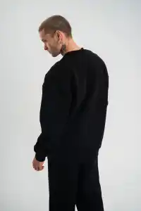 Erkek Uzun Kol Bisiklet Yaka 3 iplik Pamuklu Kışlık SweatShirt - Siyah