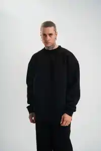 Erkek Uzun Kol Bisiklet Yaka 3 iplik Pamuklu Kışlık SweatShirt - Siyah