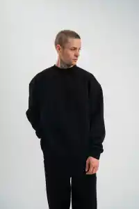 Erkek Uzun Kol Bisiklet Yaka 3 iplik Pamuklu Kışlık SweatShirt - Siyah