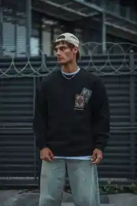 Erkek 3 iplik Pamuklu Bisiklet Yaka Baskılı SweatShirt - Siyah