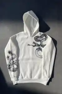 Erkek 3 İplik Pamuklu Kapüşonlu Baskılı Cepli Oversize Sweatshirt Hoodie - Beyaz