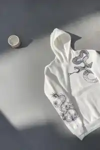 Erkek 3 İplik Pamuklu Kapüşonlu Baskılı Cepli Oversize Sweatshirt Hoodie - Beyaz