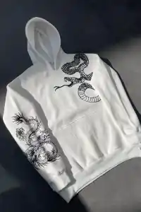 Kadın Oversize Kapüşonlu Kanguru Cepli Baskılı 3 İplik Pamuklu Sweatshirt Hoodie -   Beyaz
