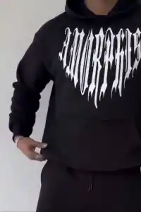 Erkek Kapüşonlu Kanguru Cepli Sweatshirt 3 İplik Pamuklu Baskılı Hoodie -  Siyah