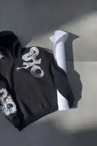 Kadın Oversize Kapüşonlu Cepli Baskılı 3 İplik Pamuklu Hoodie Sweatshirt - Siyah