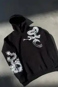 Kadın Oversize Kapüşonlu Cepli Baskılı 3 İplik Pamuklu Hoodie Sweatshirt - Siyah