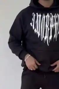 Erkek Kapüşonlu Kanguru Cepli Sweatshirt 3 İplik Pamuklu Baskılı Hoodie -  Siyah
