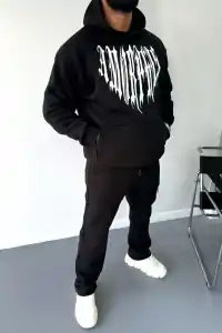 Erkek Kapüşonlu Kanguru Cepli Sweatshirt 3 İplik Pamuklu Baskılı Hoodie -  Siyah