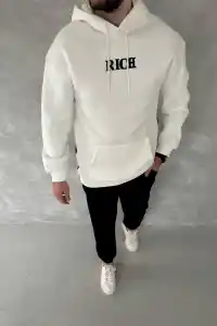 Erkek Kapüşonlu Kanguru Cepli Sweatshirt 3 İplik Pamuklu Baskılı Hoodie -  Beyaz