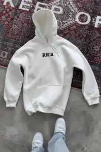 Kadın Kapüşonlu Kanguru Cepli Sweatshirt 3 İplik Pamuklu Baskılı Hoodie - Beyaz