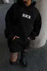 Kadın Kapüşonlu Kanguru Cepli Sweatshirt 3 İplik Pamuklu Baskılı Hoodie - Siyah
