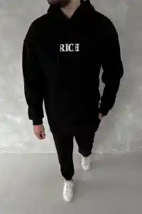 Erkek Kapüşonlu Kanguru Cepli Sweatshirt 3 İplik Pamuklu Baskılı Hoodie -  Siyah