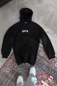 Erkek Kapüşonlu Kanguru Cepli Sweatshirt 3 İplik Pamuklu Baskılı Hoodie -  Siyah