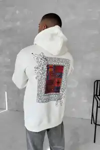 Erkek Kapüşonlu Kanguru Cepli Sweatshirt 3 İplik Pamuklu Baskılı Hoodie - Beyaz