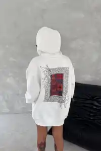 Kadın Kapüşonlu Kanguru Cepli Sweatshirt 3 İplik Pamuklu Baskılı Hoodie - Beyaz